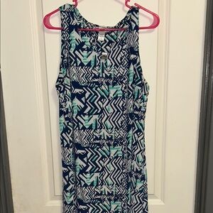 Love Navy, Teal & White Graphic Shift Dress with Silver Accent